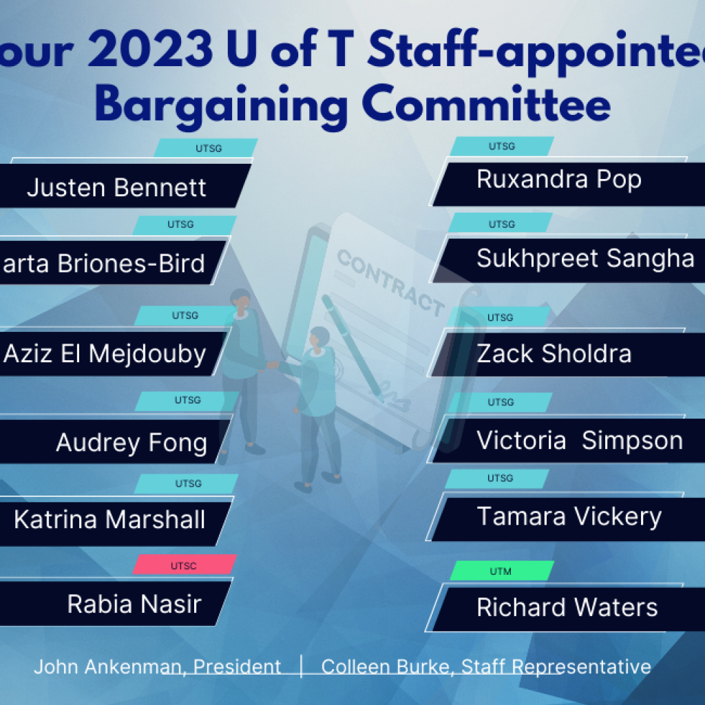 2023 Bargaining Committee Members. There are 12 members representing from different divisions across the University of Toronto in the Staff-Appointed Unit.